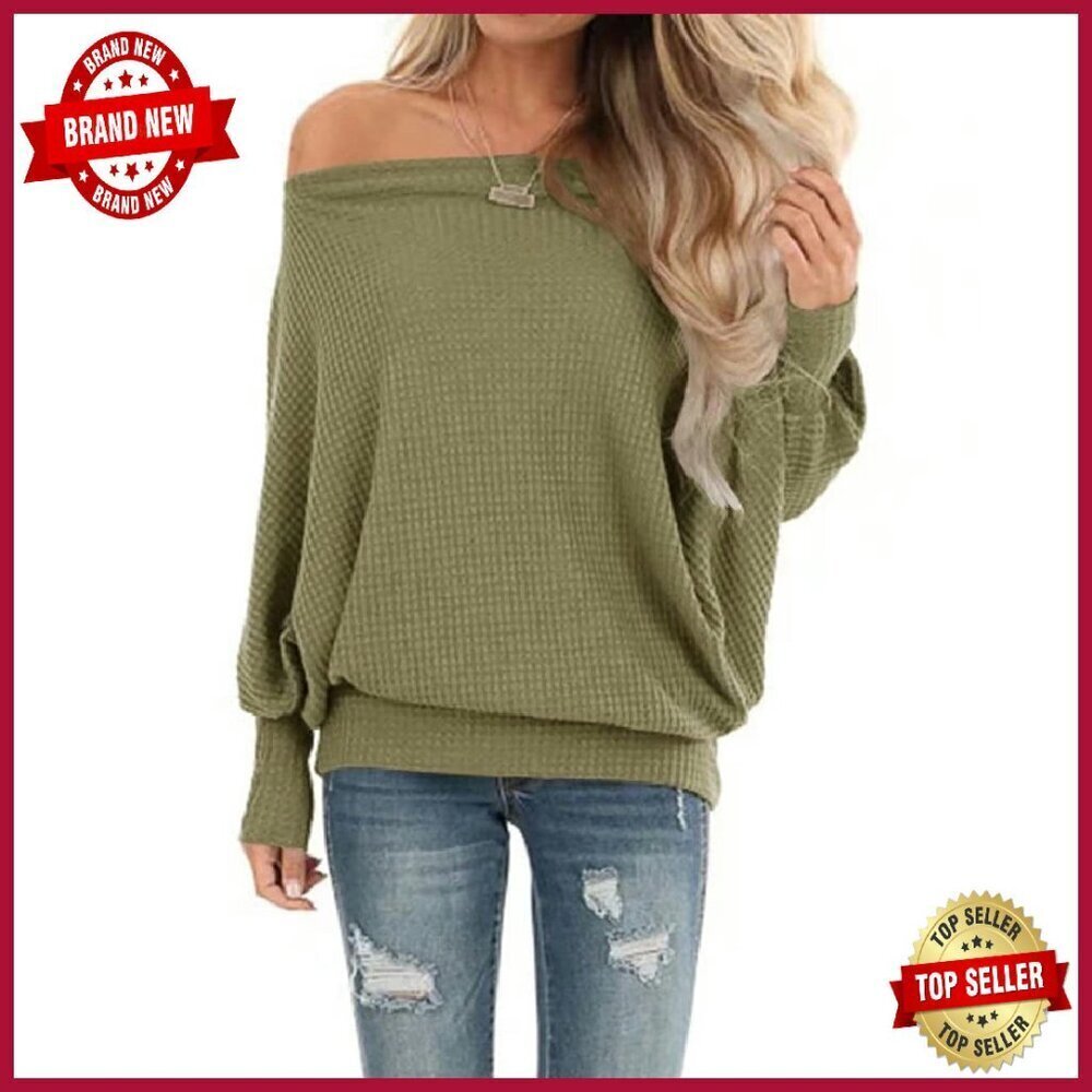 Oversized Waffle Knit Off-Shoulder Sweatshirt Tunic Pullover